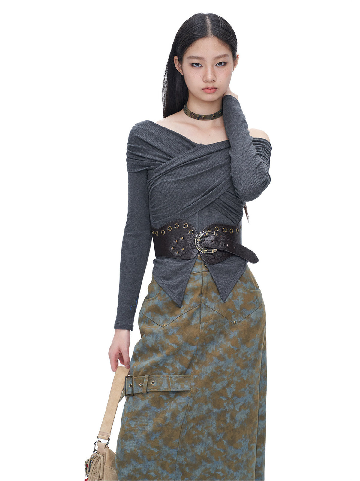 NEXT PASSPORT gray cross-pleated off-shoulder top — view 6