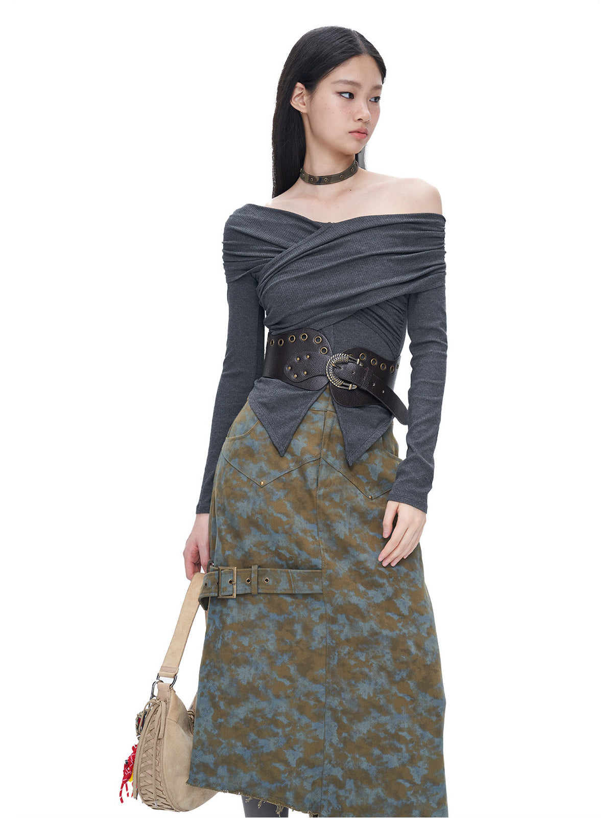 NEXT PASSPORT gray cross-pleated off-shoulder top — view 7