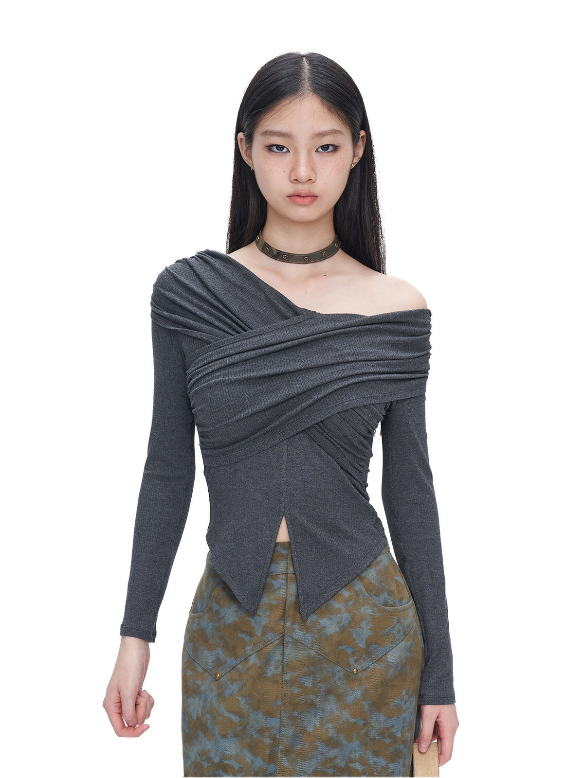 NEXT PASSPORT gray cross-pleated off-shoulder top — view 8