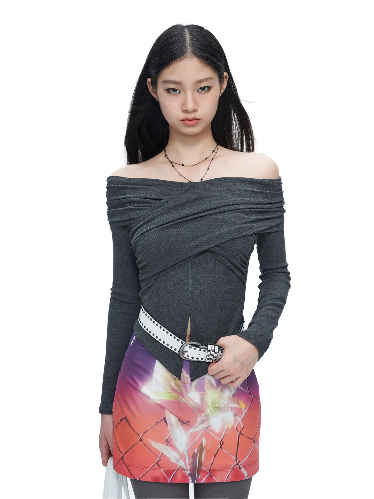 NEXT PASSPORT gray cross-pleated off-shoulder top — view 9