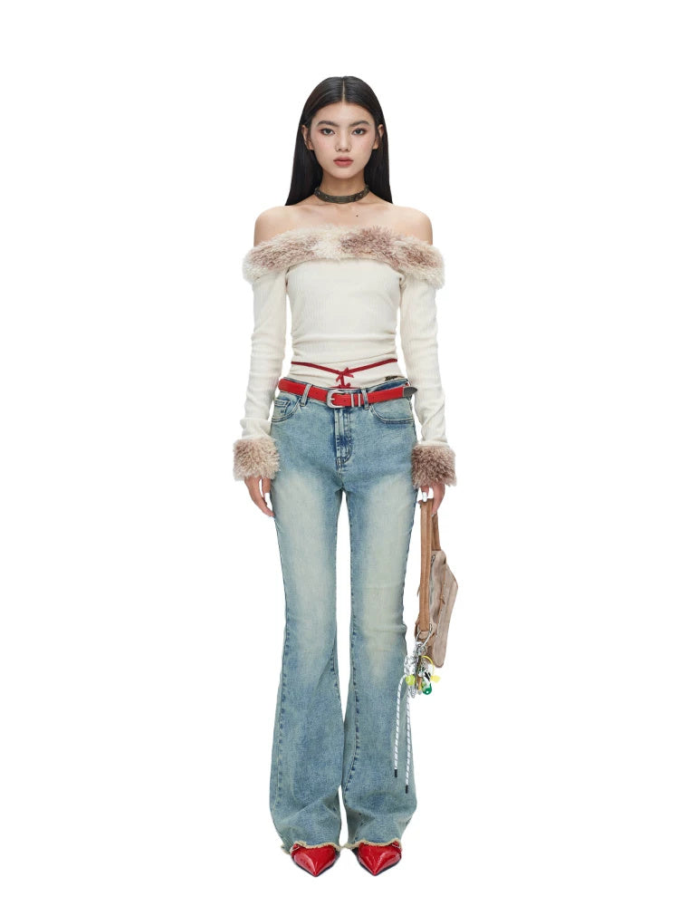 NEXT PASSPORT vintage light-wash stretch flared jeans in blue — full front modeled view on white.