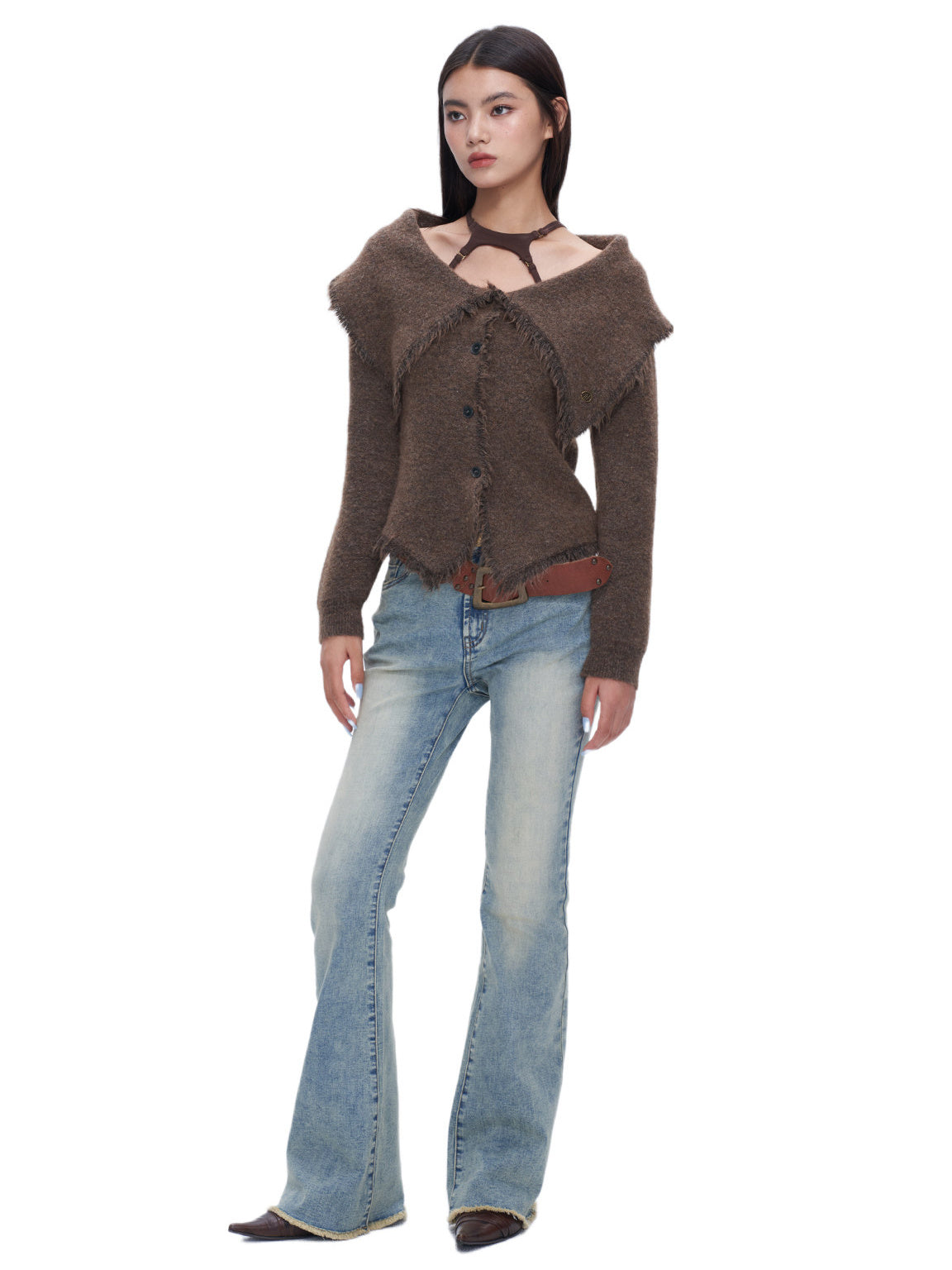 NEXT PASSPORT vintage light-wash stretch flared jeans in blue — alternate full front styled view.