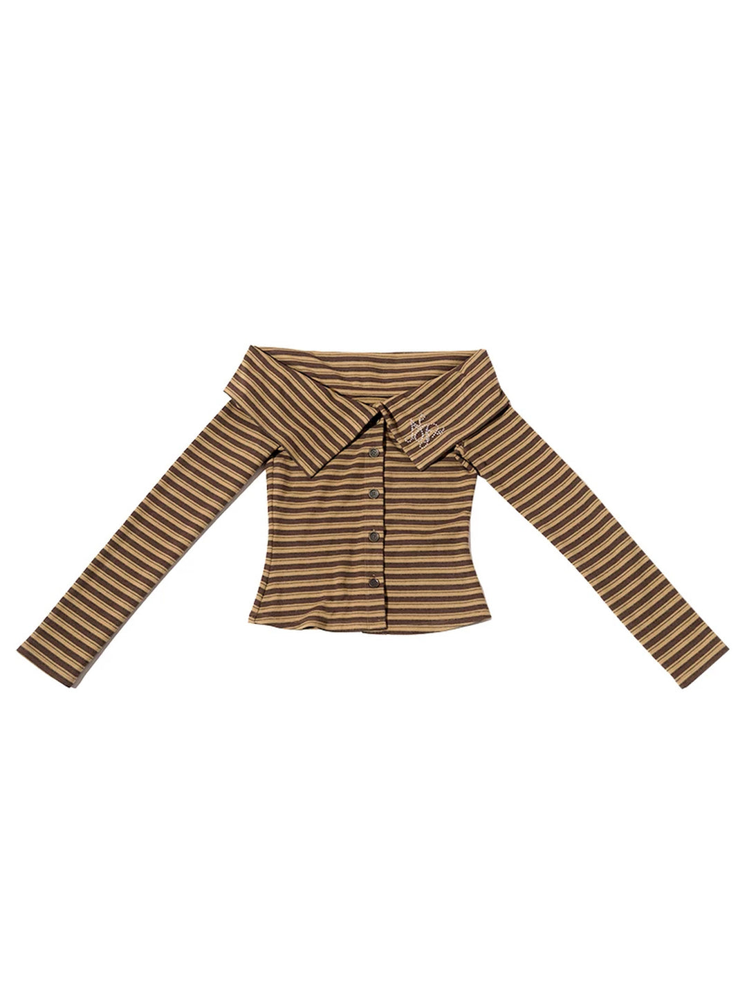 Flat-lay product view of the NEXT PASSPORT brown-yellow striped wide-collar cardigan