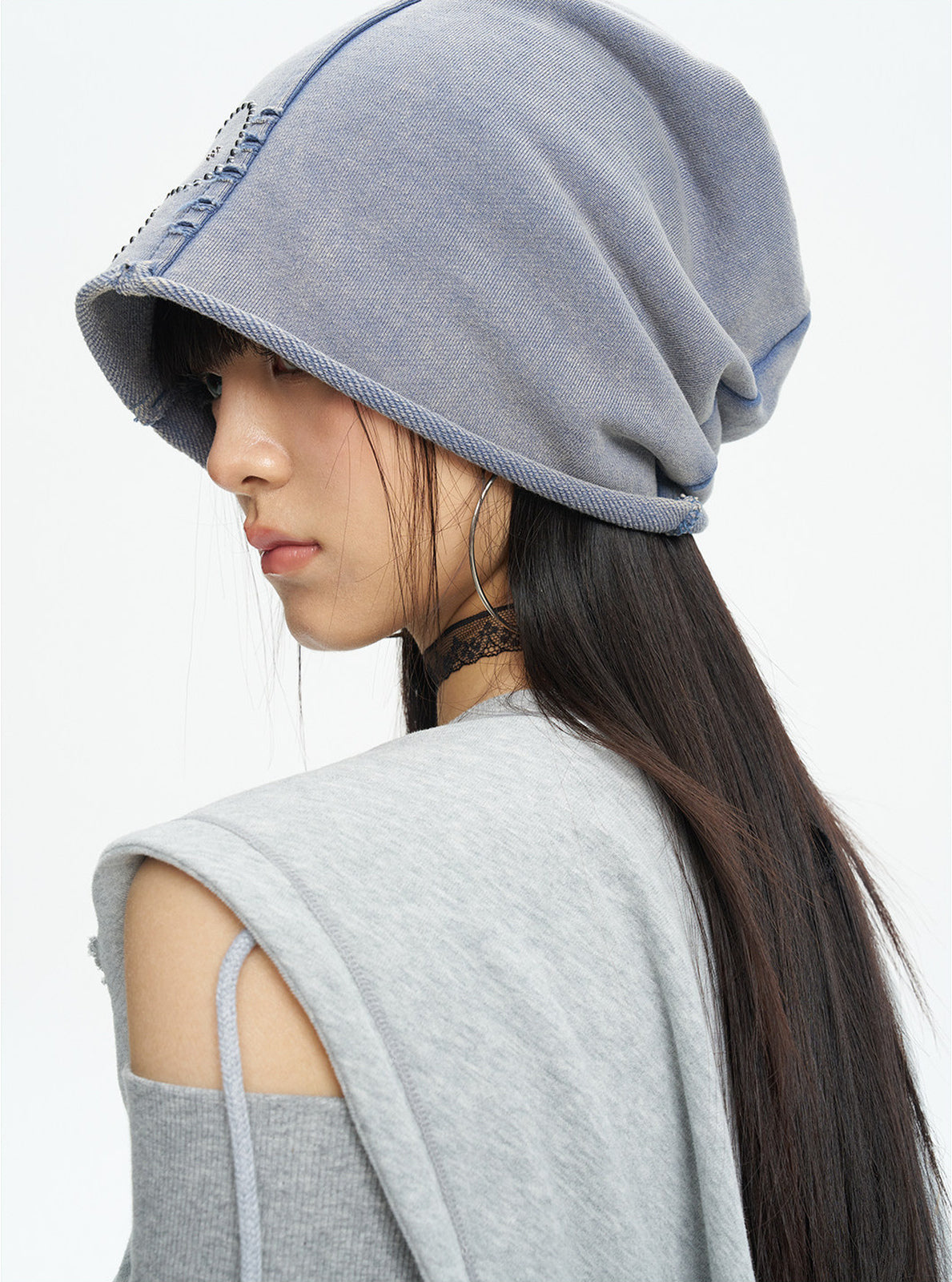 NEXT PASSPORT washed rhinestone blue-gray slouch beanie — modeled side and rear close-up showing the slouch shape