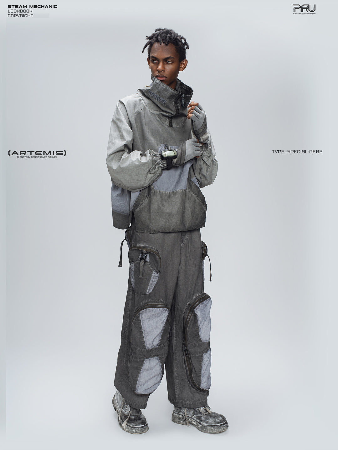 PIONEER moon dust gray welded multi-pocket work pants — full front modeled view with collar held
