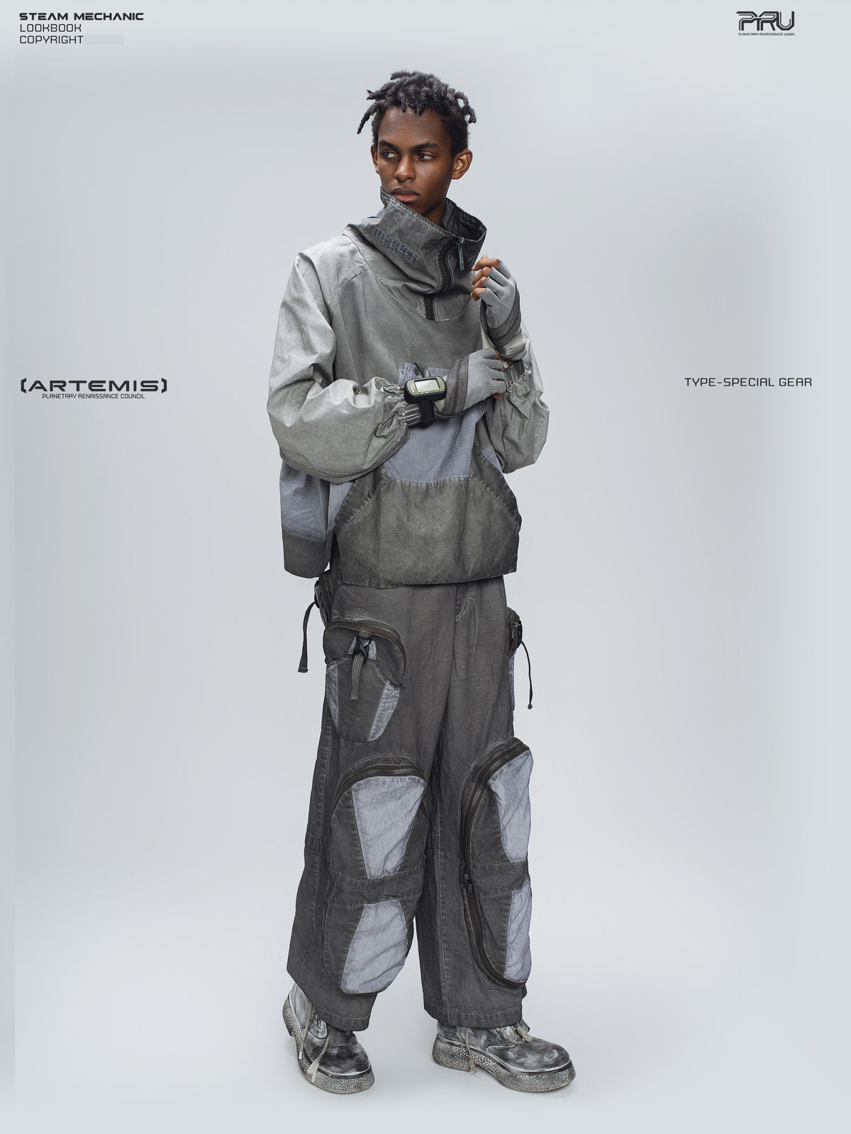 PIONEER moon dust gray welded multi-pocket work pants — full front modeled view with collar held