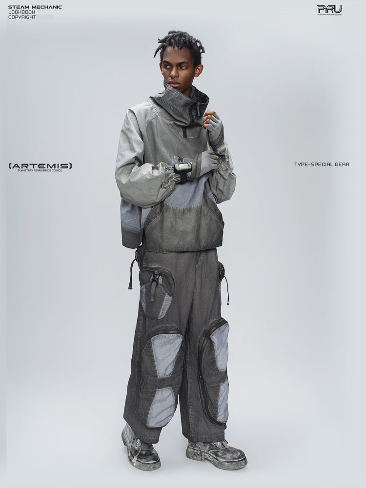 PIONEER moon dust gray welded multi-pocket work pants — full front modeled view with collar held