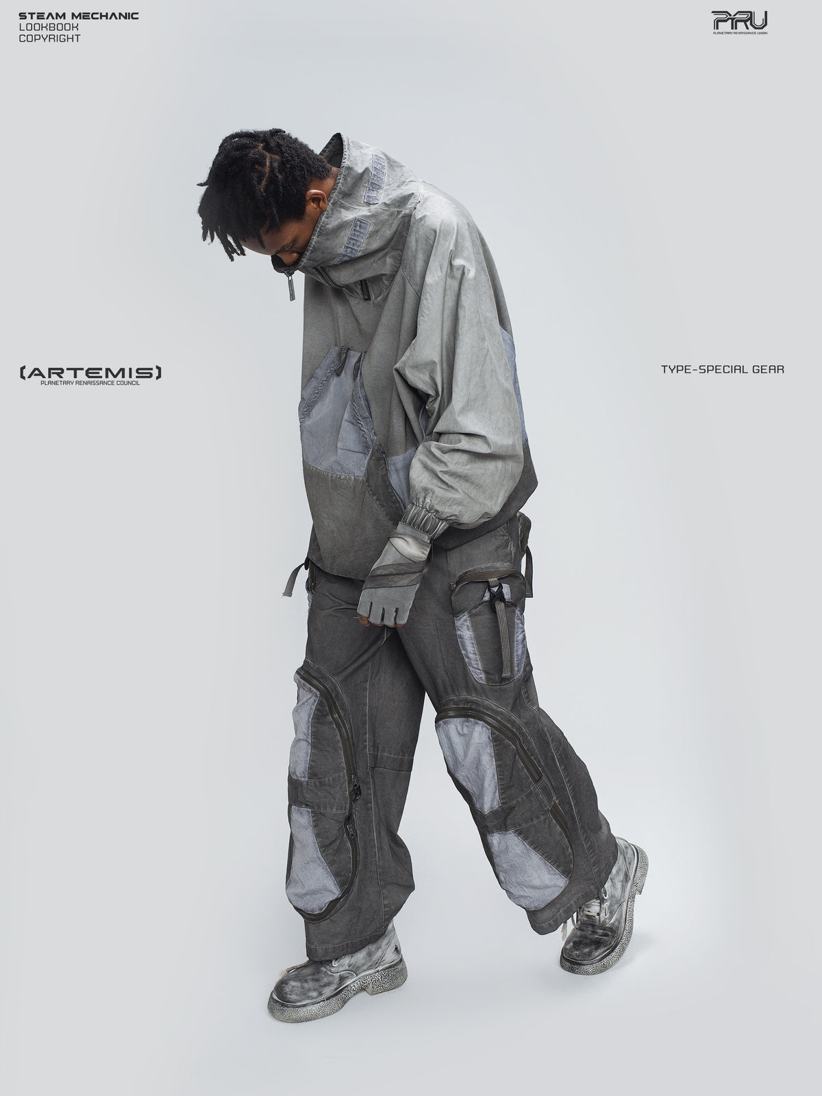 PIONEER moon dust gray welded multi-pocket work pants — full side modeled walking view