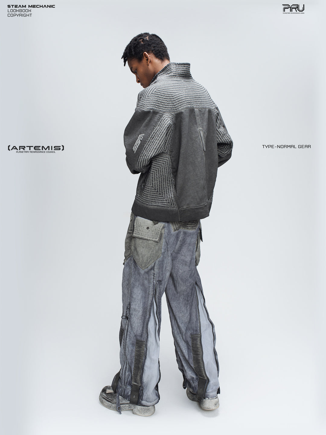 PIONEER moon dust gray distressed protection zip jacket — full rear three-quarter modeled view