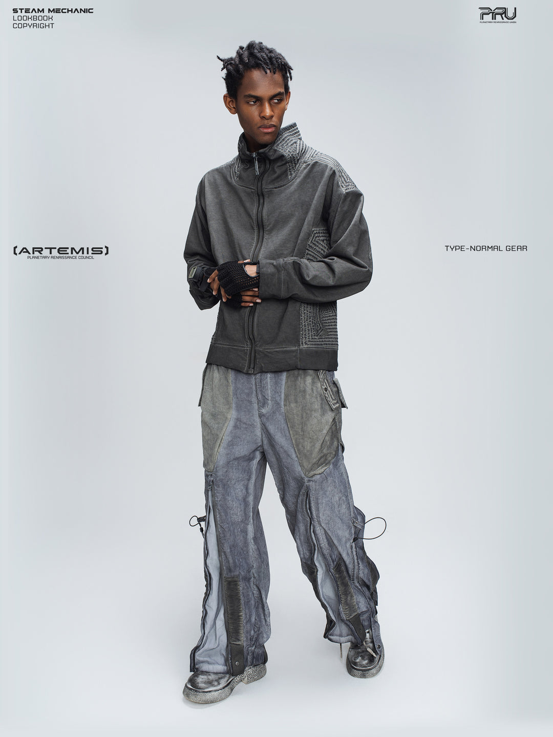 PIONEER moon dust gray distressed protection zip jacket — full front modeled view with hands clasped