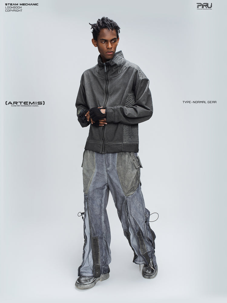 PIONEER moon dust gray distressed protection zip jacket — full front modeled view with hands clasped