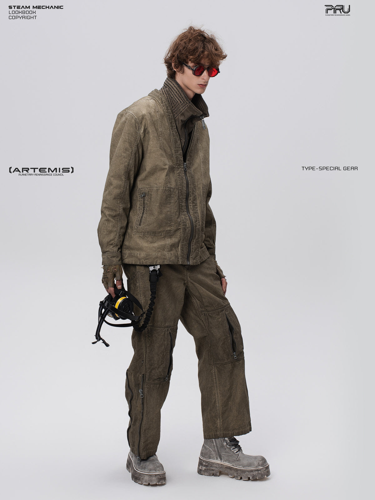 GAIA gravel brown open-collar technical robe — full front three-quarter modeled view