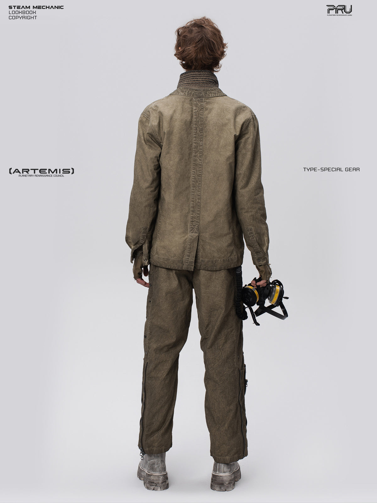 GAIA gravel brown open-collar technical robe — full rear modeled view
