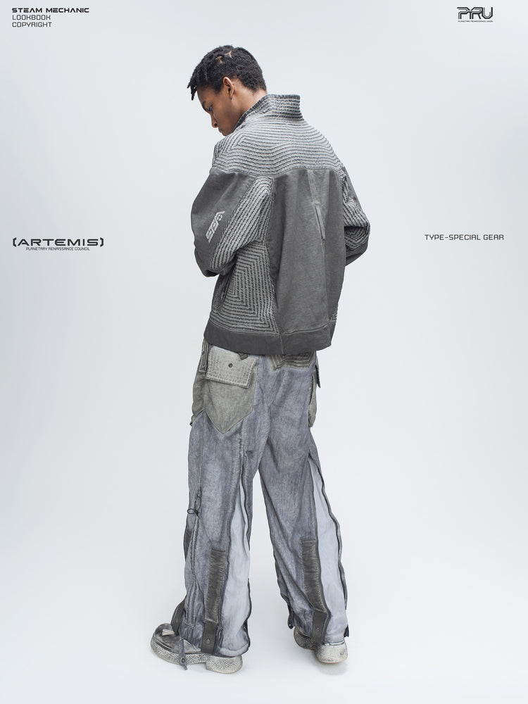 STARCORE moon dust gray engineer utility pants — full rear three-quarter modeled view
