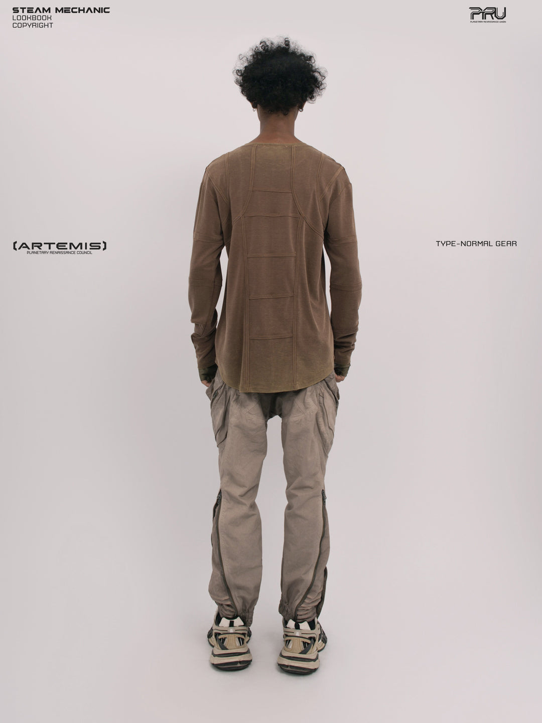 RUSTED ORBIT mesh-panel long-sleeve top — full rear modeled view showing the mesh-panel back
