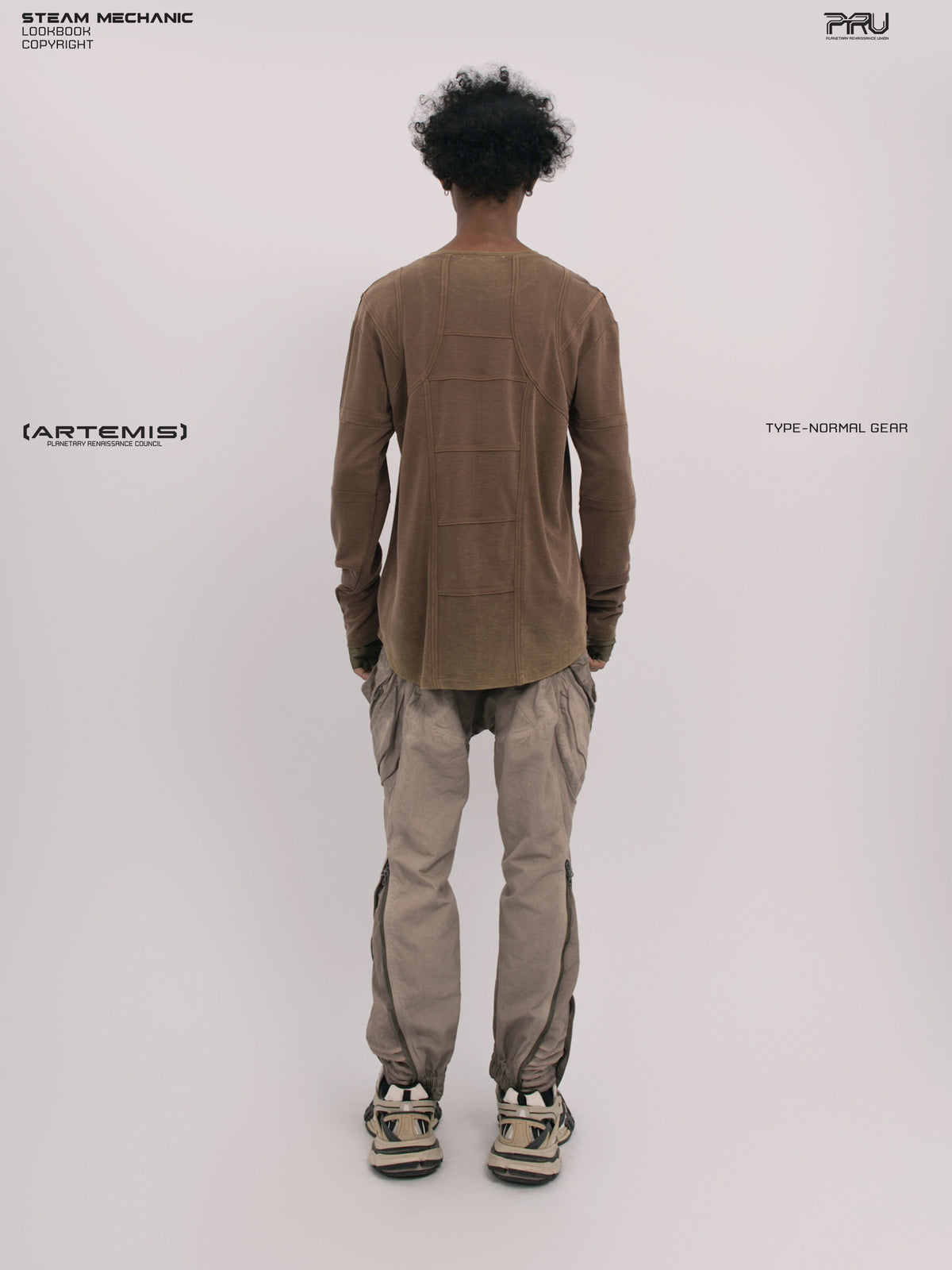 RUSTED ORBIT mesh-panel long-sleeve top — full rear modeled view showing the mesh-panel back