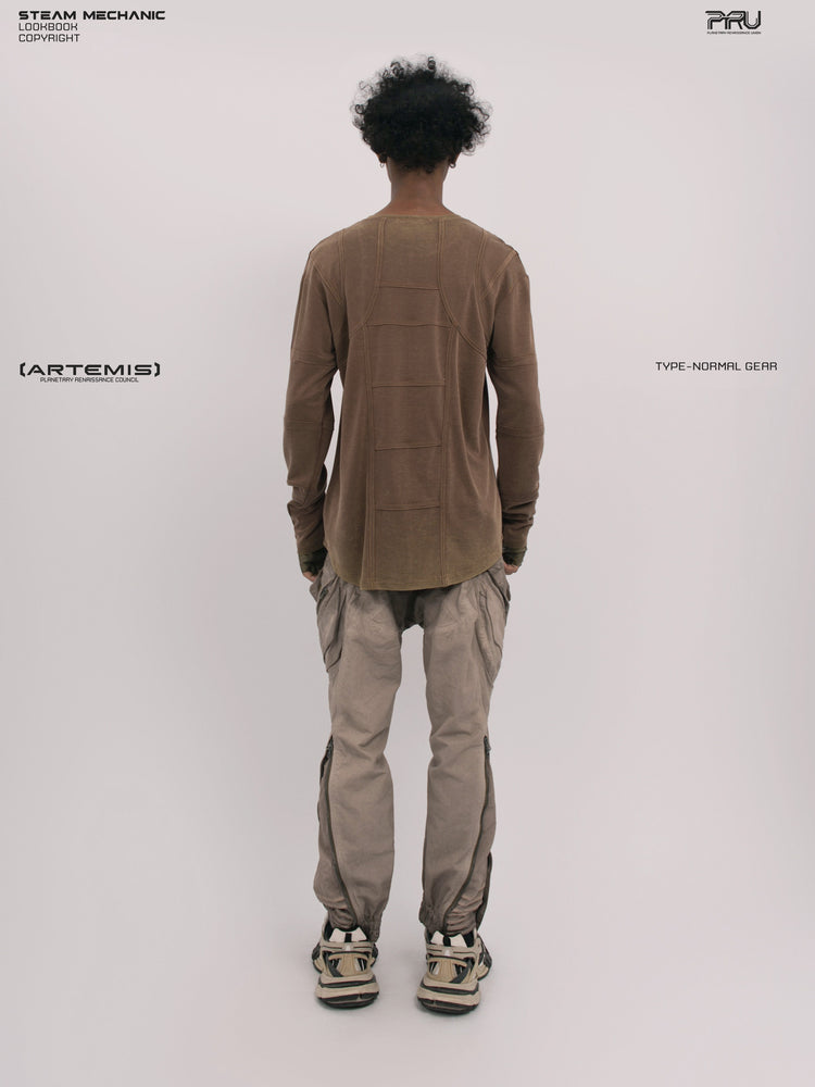 RUSTED ORBIT mesh-panel long-sleeve top — full rear modeled view showing the mesh-panel back