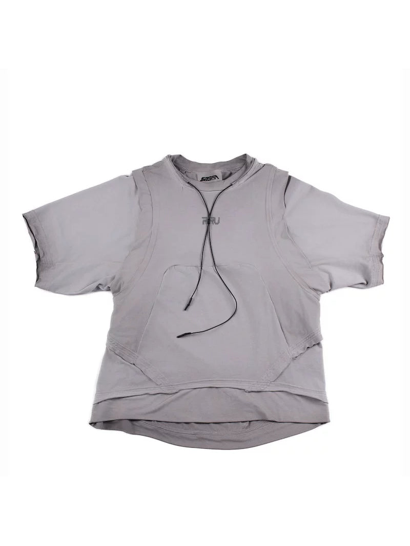 SUPERNOVA convertible drawstring technical tee in oxidized white — front garment-only view with sleeves extended and layered hem