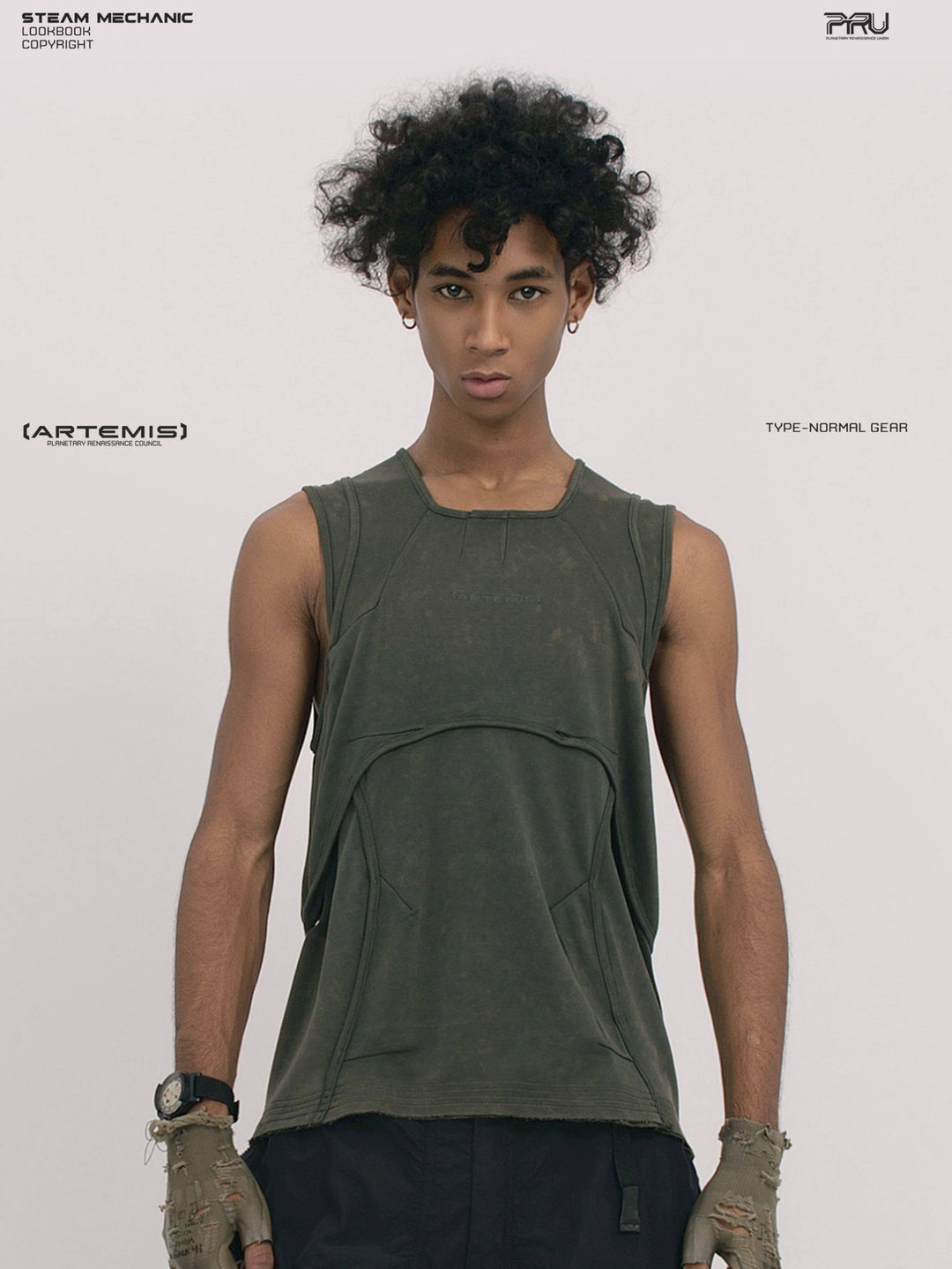 RIFT ARC moss green deconstructed tank — front modeled close-up showing curved chest panel and raw hem