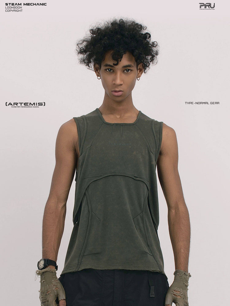 RIFT ARC moss green deconstructed tank — front modeled close-up showing curved chest panel and raw hem