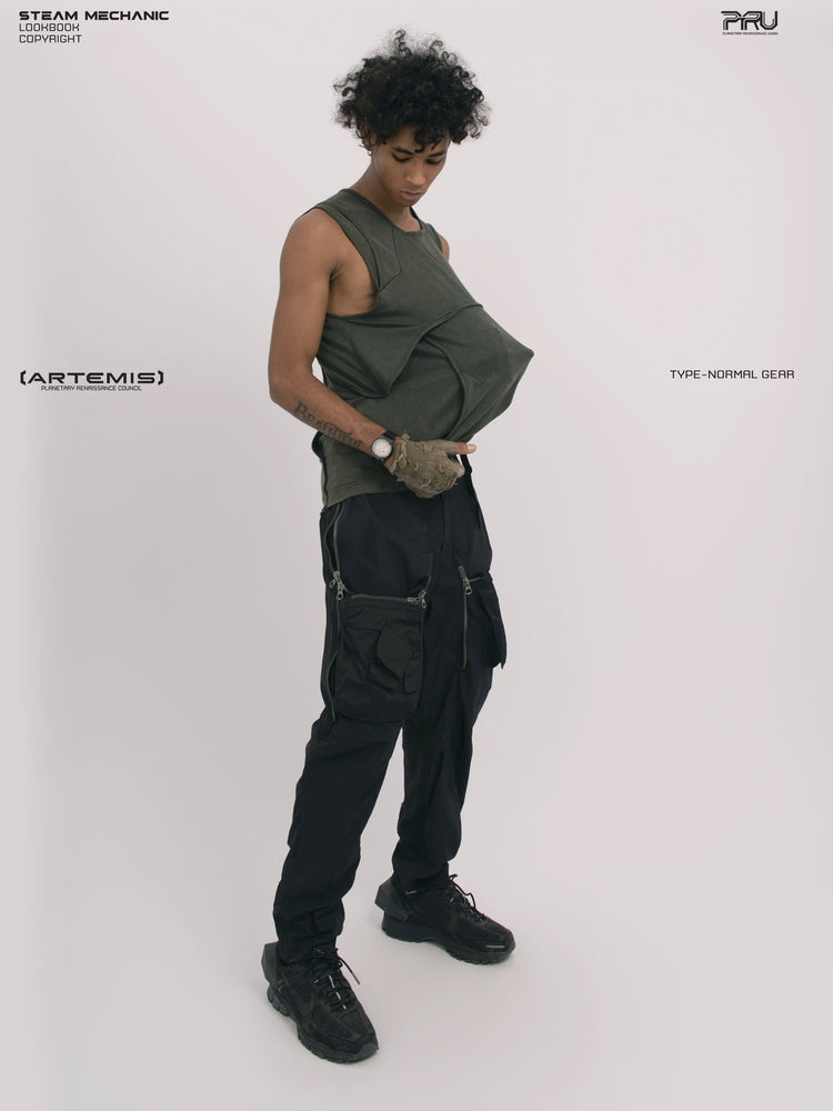 RIFT ARC moss green deconstructed tank — modeled demonstration of the roomy front panel pocket