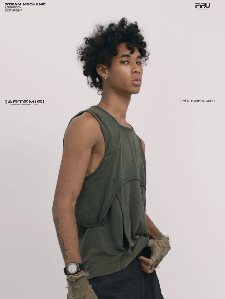 RIFT ARC moss green deconstructed tank — three-quarter modeled close-up showing side pocket opening