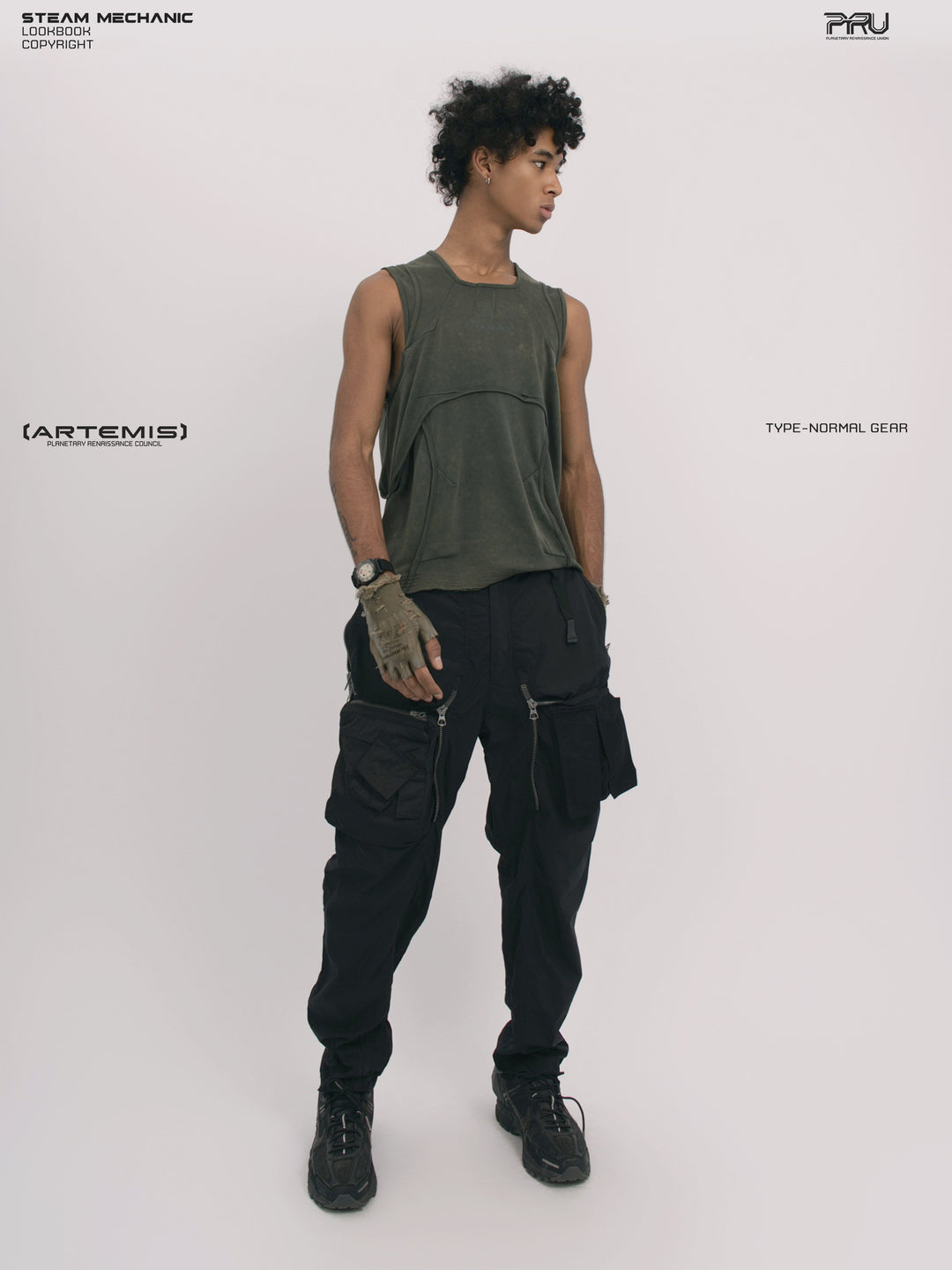 RIFT ARC moss green deconstructed tank — full-length three-quarter modeled view