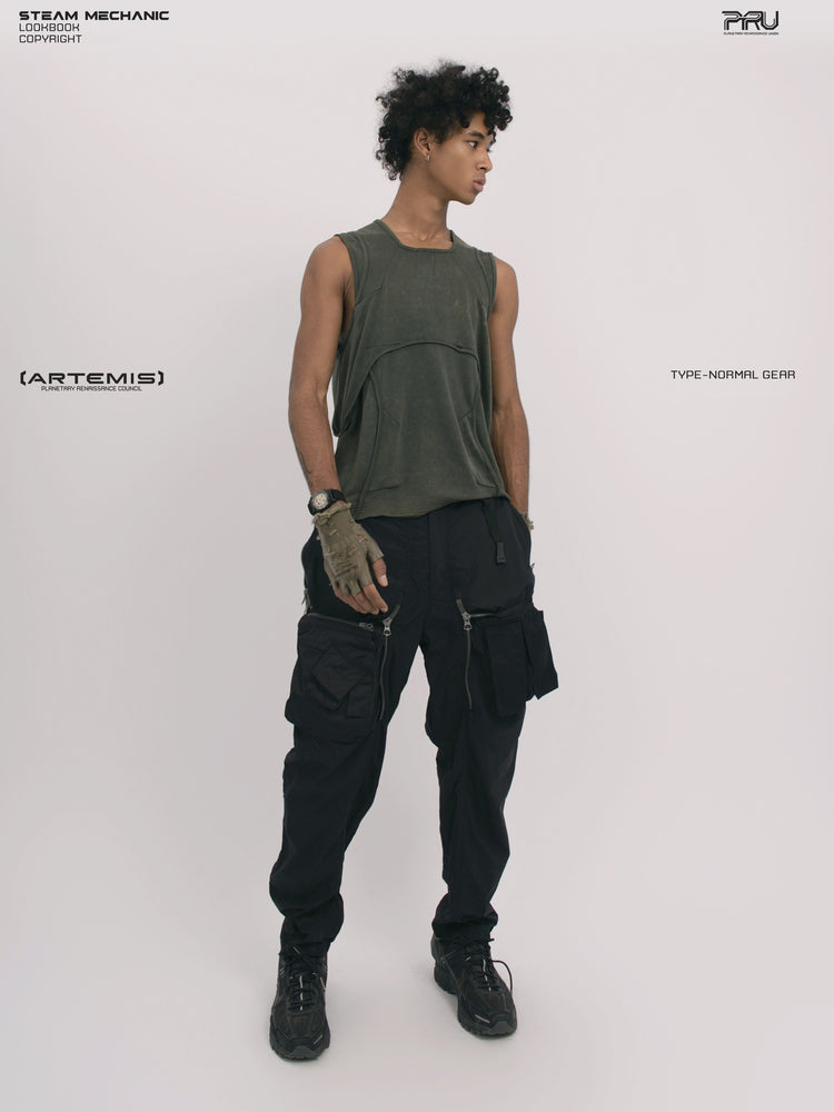 RIFT ARC moss green deconstructed tank — full-length three-quarter modeled view