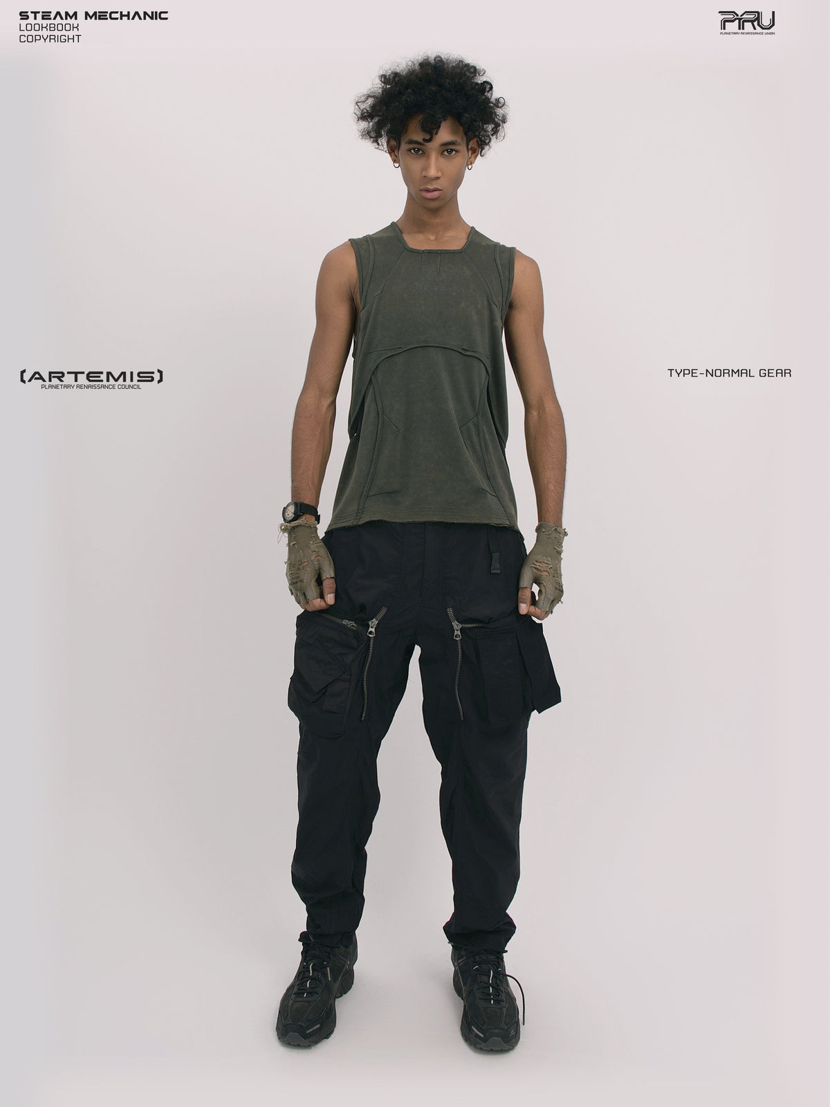RIFT ARC moss green deconstructed tank — full-length front modeled view with arms down