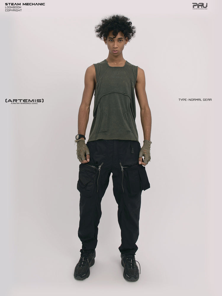 RIFT ARC moss green deconstructed tank — full-length front modeled view with arms down