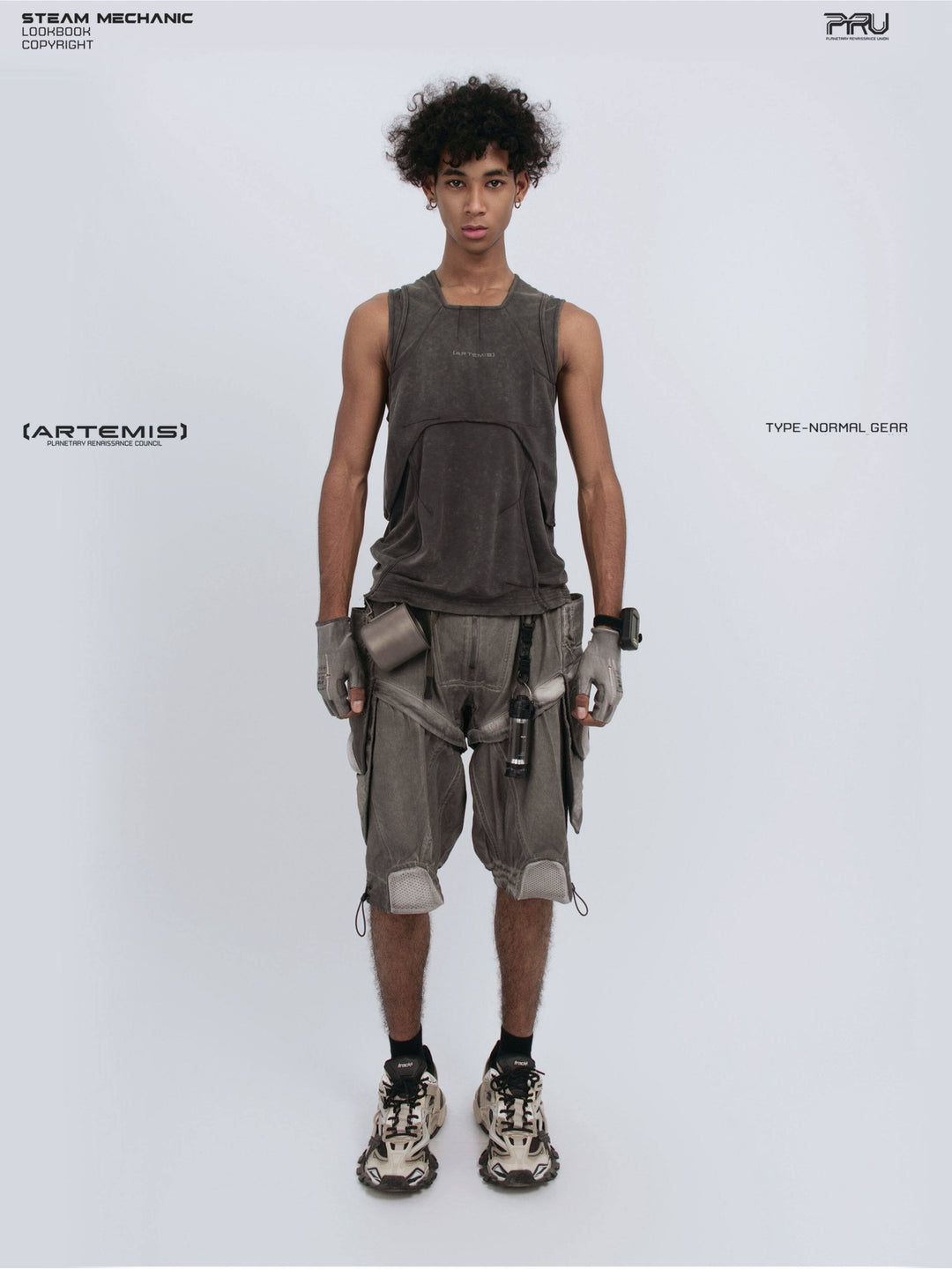 RIFT ARC deconstructed tank in fog gray — full-length modeled front view