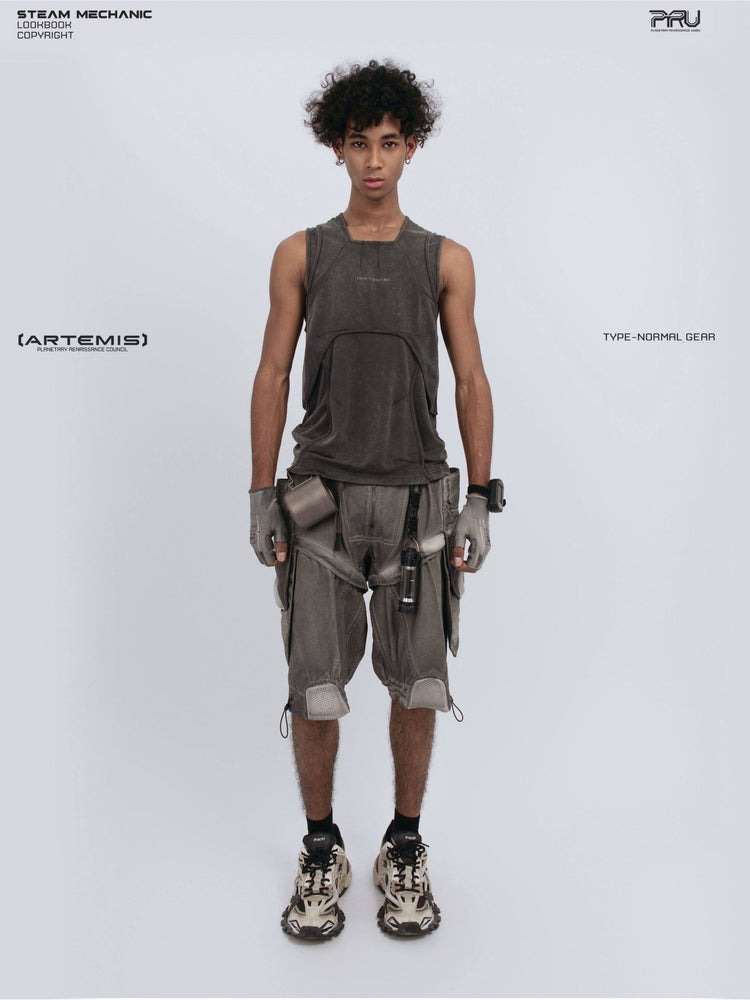 RIFT ARC deconstructed tank in fog gray — full-length modeled front view