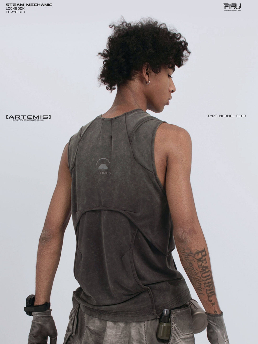 RIFT ARC deconstructed tank in fog gray — back modeled close-up showing the rear pocket and REMNUS print