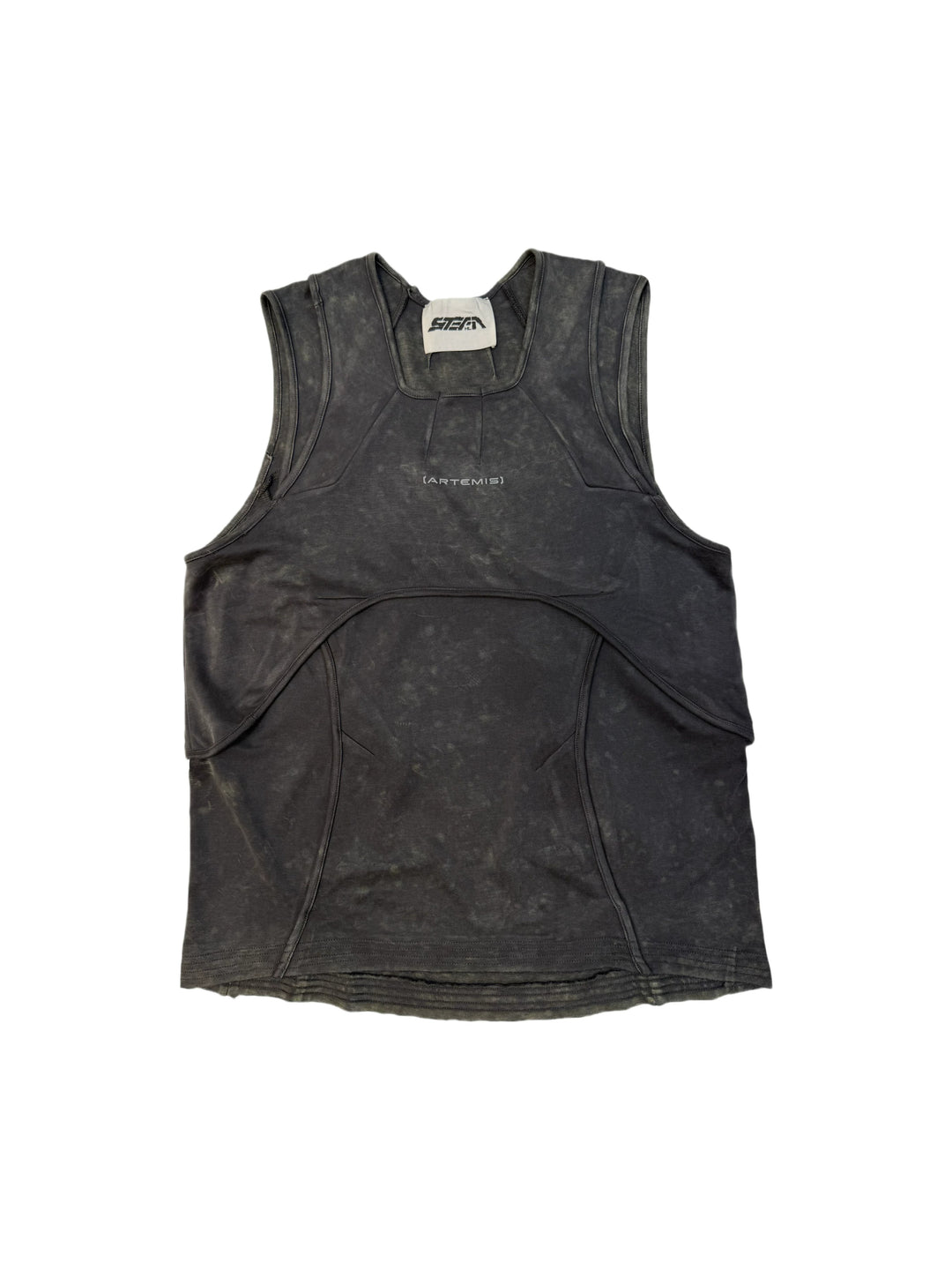 RIFT ARC deconstructed tank in fog gray — front garment-only view showing washed cupro and curved seams