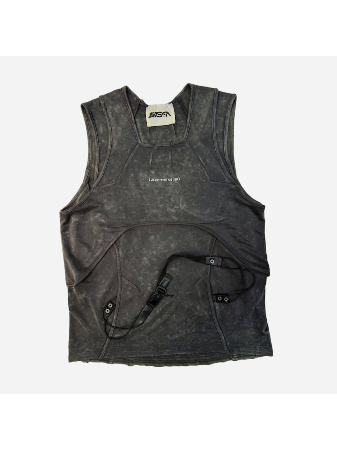 RIFT ARC deconstructed tank in fog gray — front garment-only pocket detail with the opening turned out