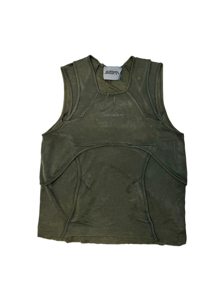 RIFT ARC moss green deconstructed tank — front garment-only view showing curved pocket panels and washed moss green finish