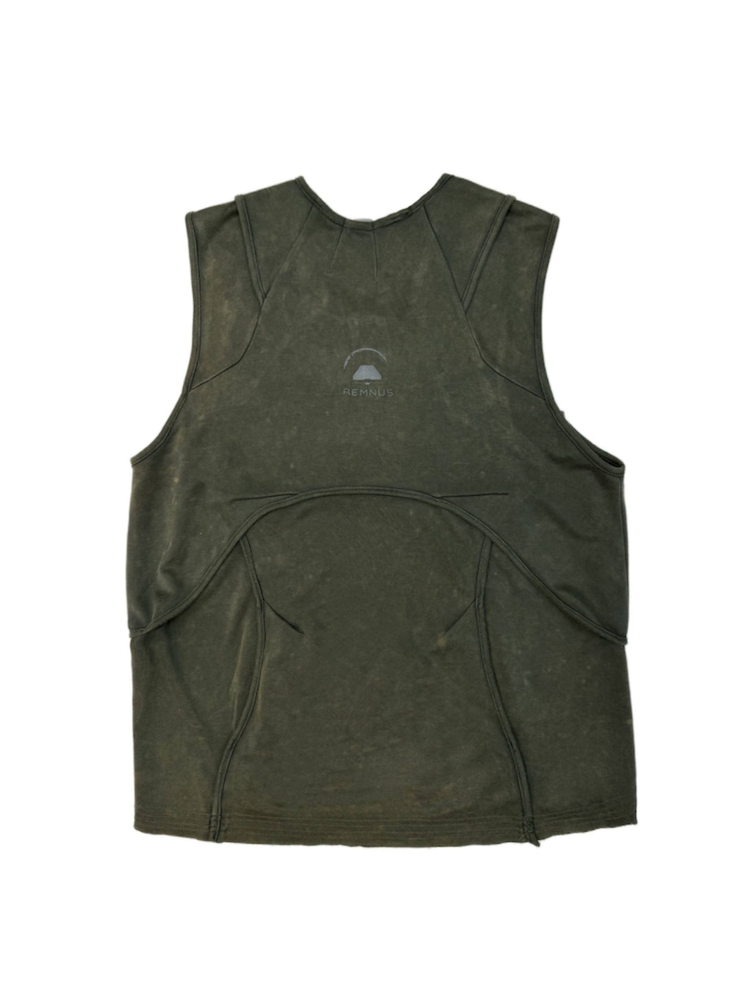 RIFT ARC moss green deconstructed tank — back garment-only view showing curved rear pocket panel and REMNUS logo