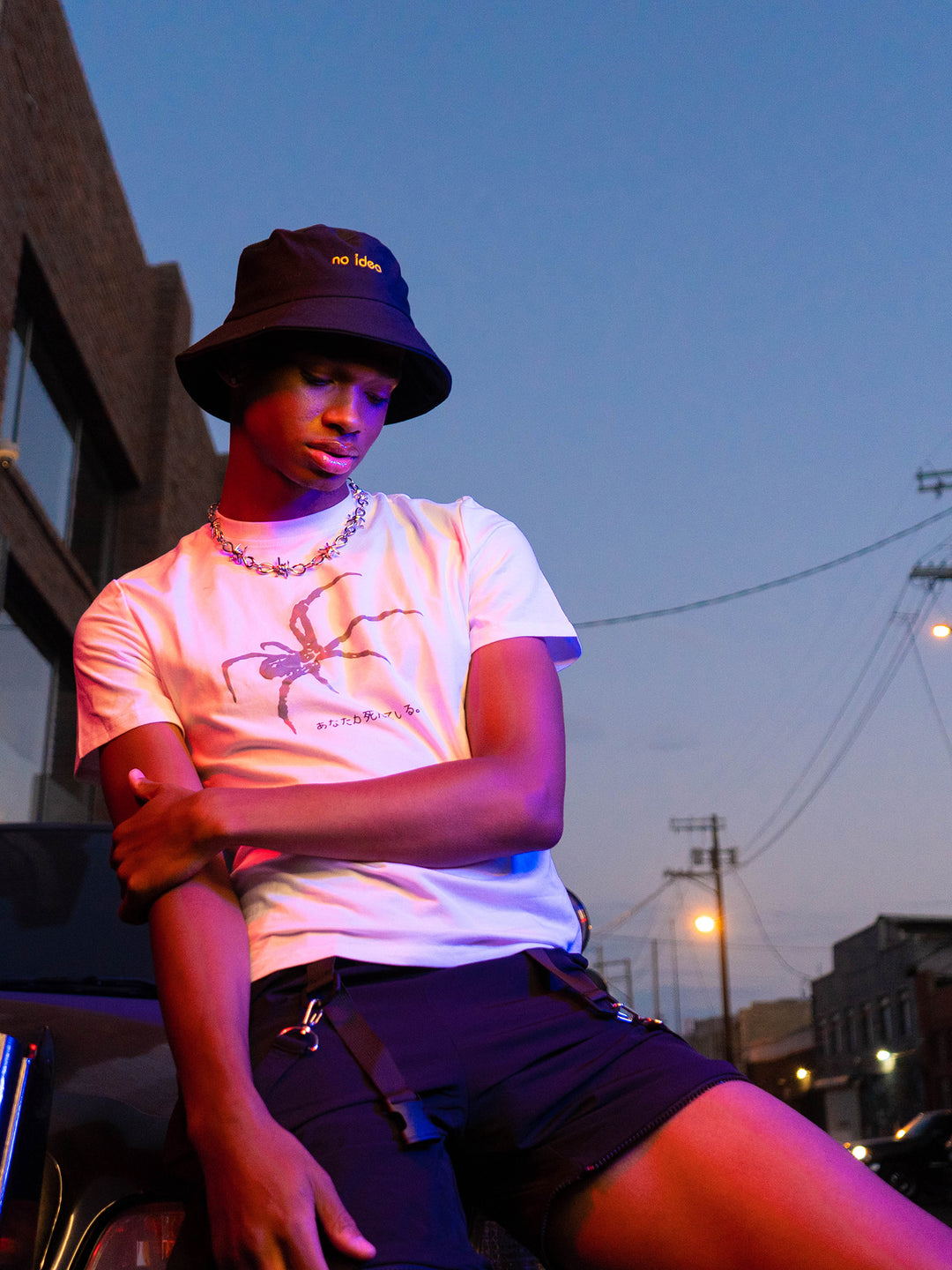 NO IDEA hat, black hat in a folded-arms streetwear portrait