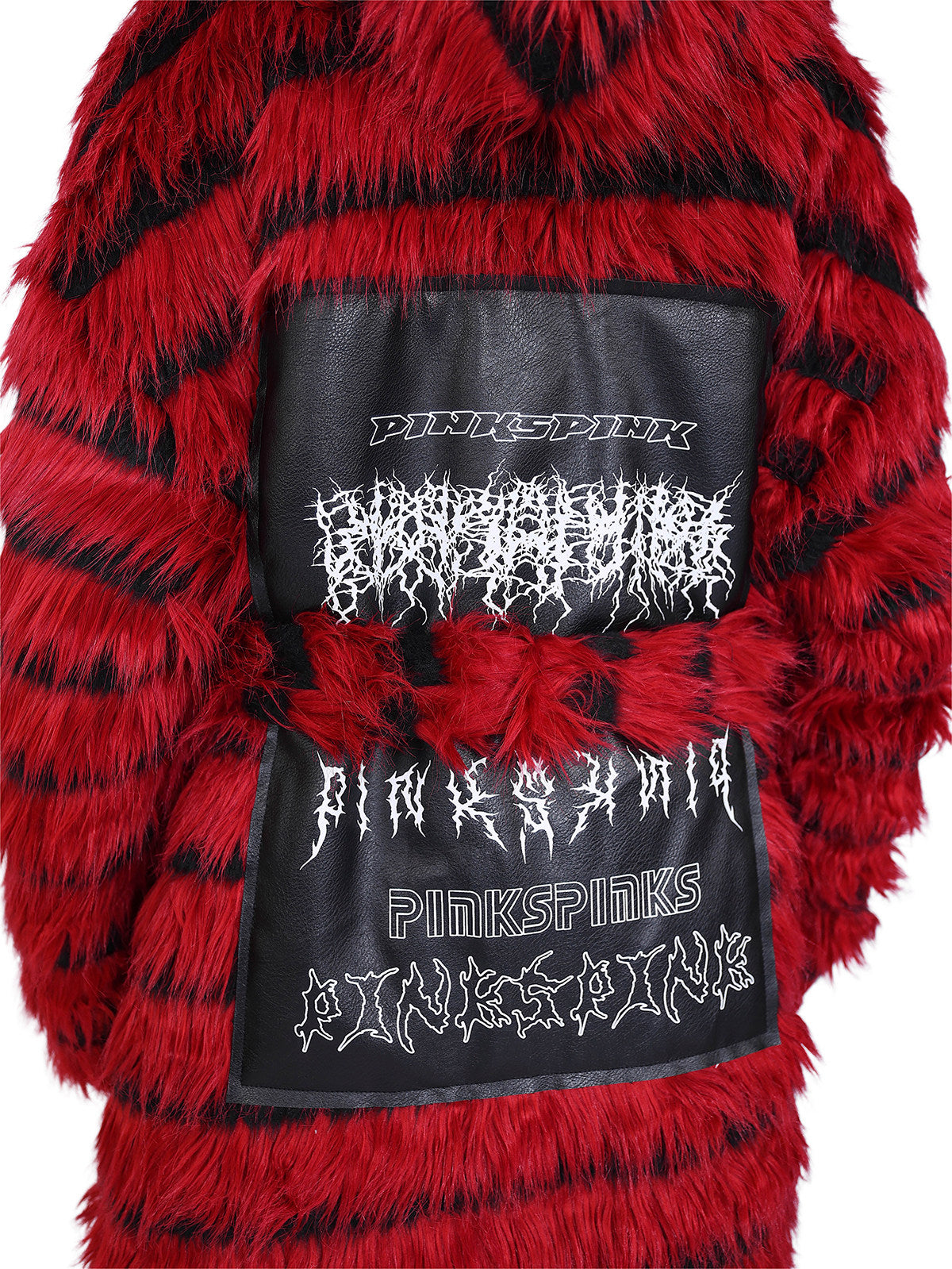 PINKSPINK ELECTRIC MOON black-red faux-fur hooded long coat — red and black close rear detail of the layered graphic back panels