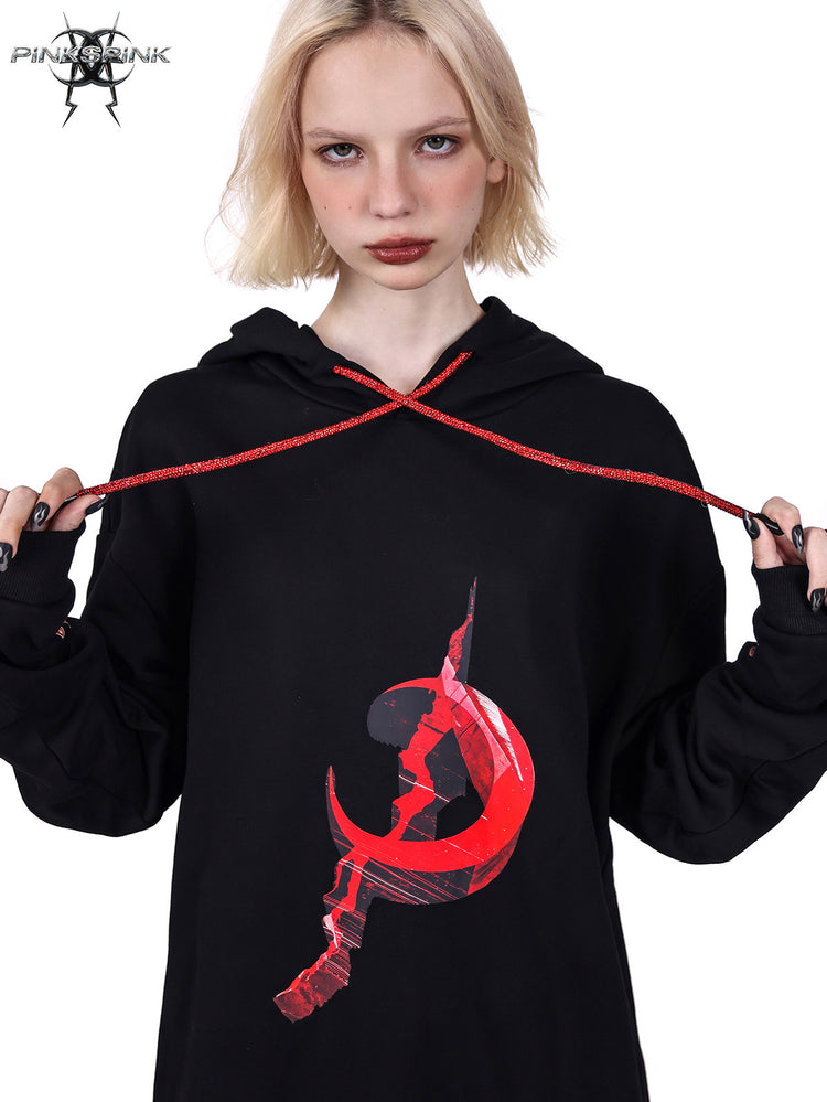 PINKSPINK MIRROR rhinestone-drawcord oversized hoodie — drawcord and chest detail in black
