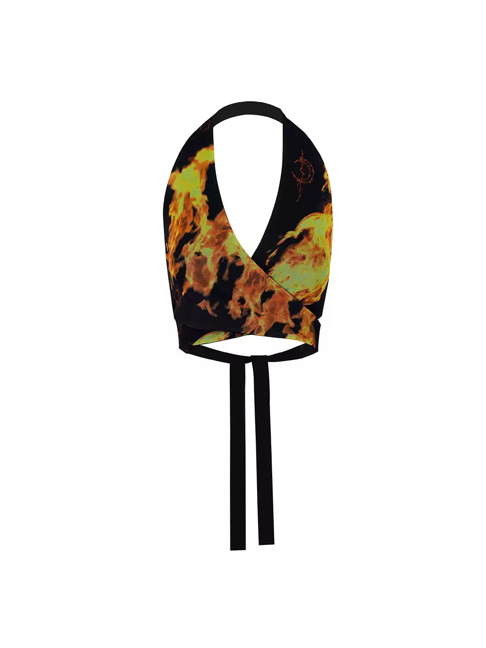 PINKSPINK FLAME halter crop top — black front garment-only view showing the crossover halter shape