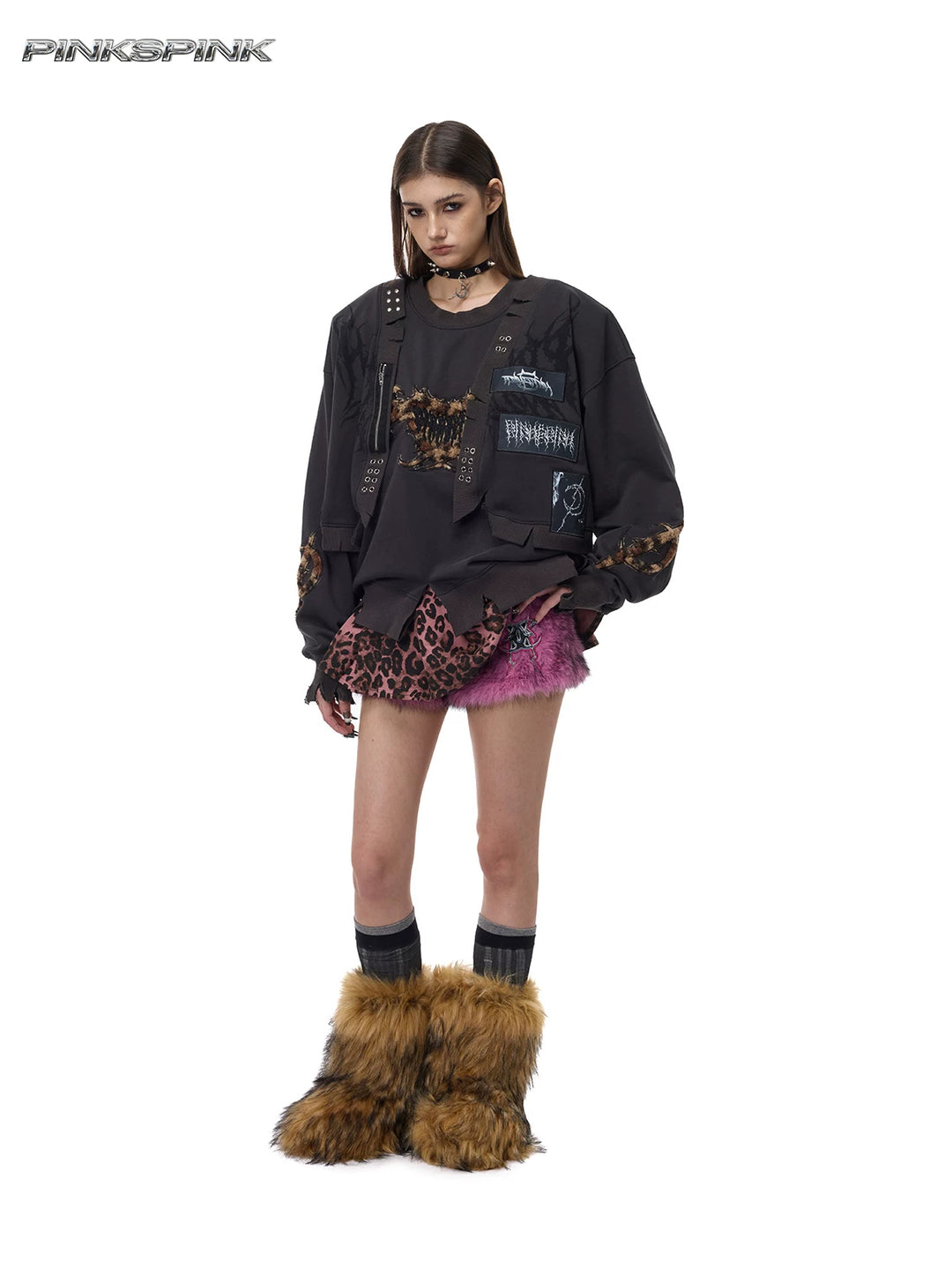 PINKSPINK LEOPARD RIOT two-way layered sweatshirt — front full-length styling with mini skirt