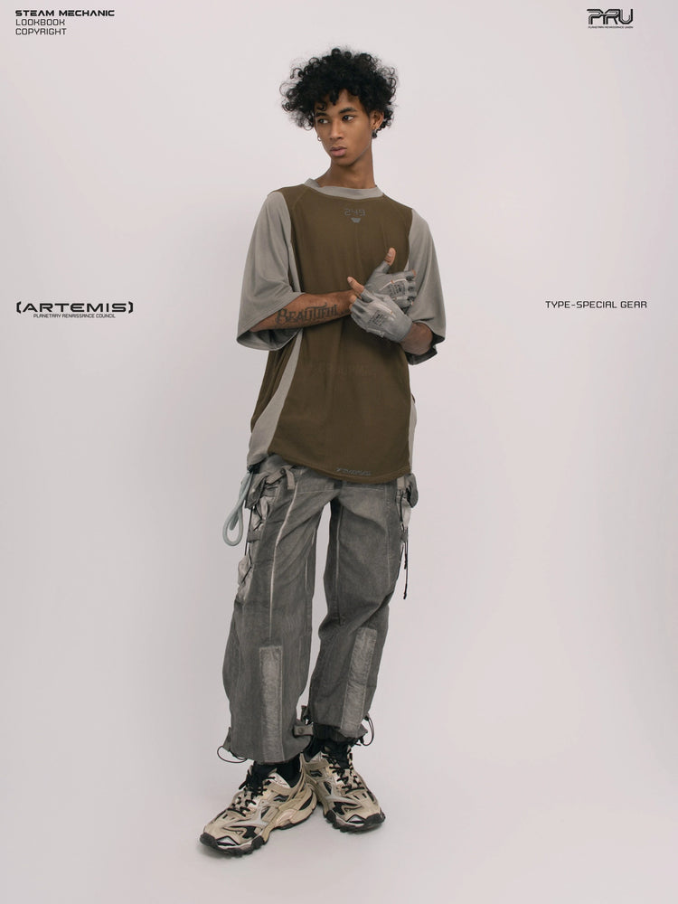 STARFIELD WELDER steel tundra distressed mesh tee — full-length three-quarter view with hands clasped