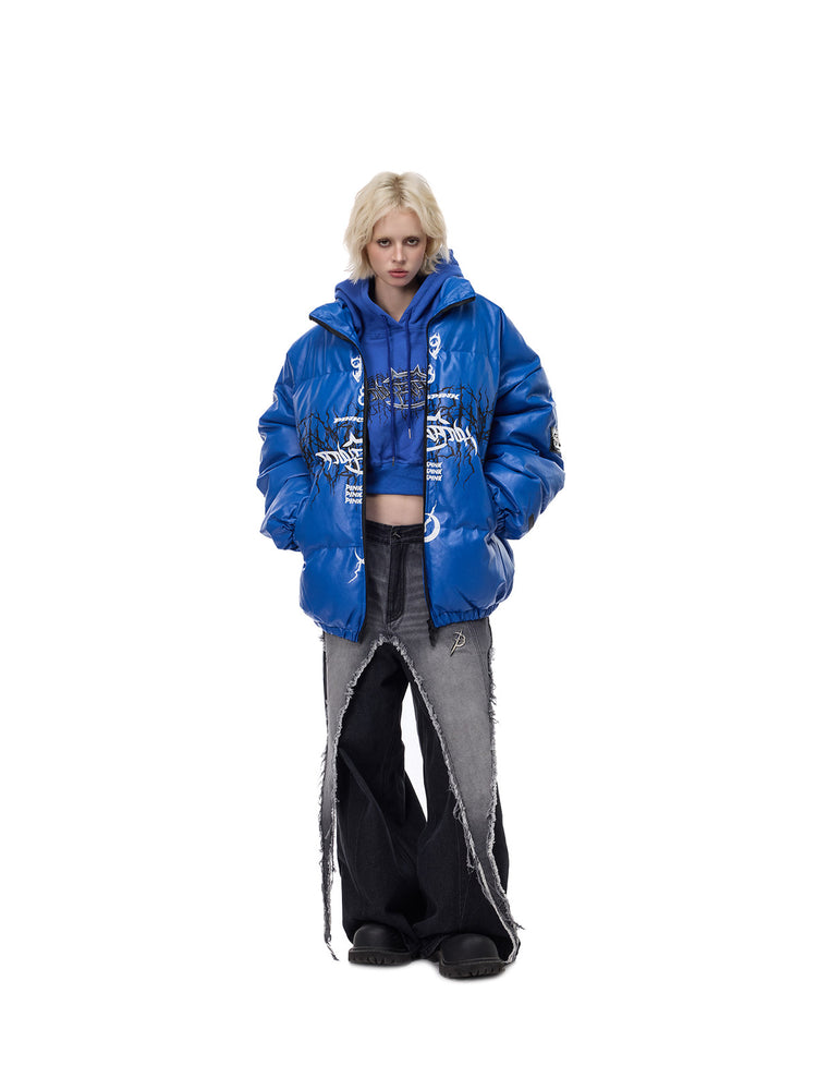 PINKSPINK MOTORBLOC padded faux-leather jacket — Klein blue front full-length view with wide-leg jeans