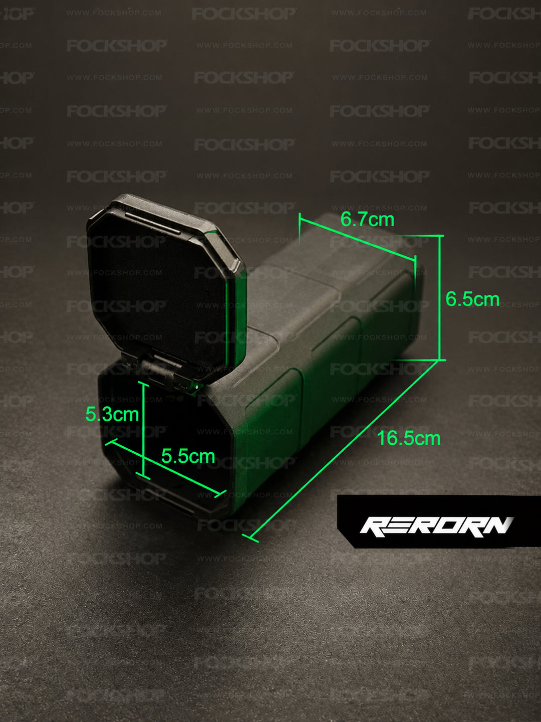 FOCKSHOP REBORN nylon utility case — seller measurement diagram showing external and opening dimensions