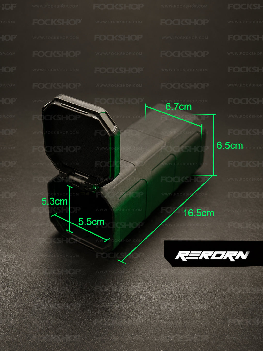 FOCKSHOP REBORN nylon utility case — seller measurement diagram showing external and opening dimensions