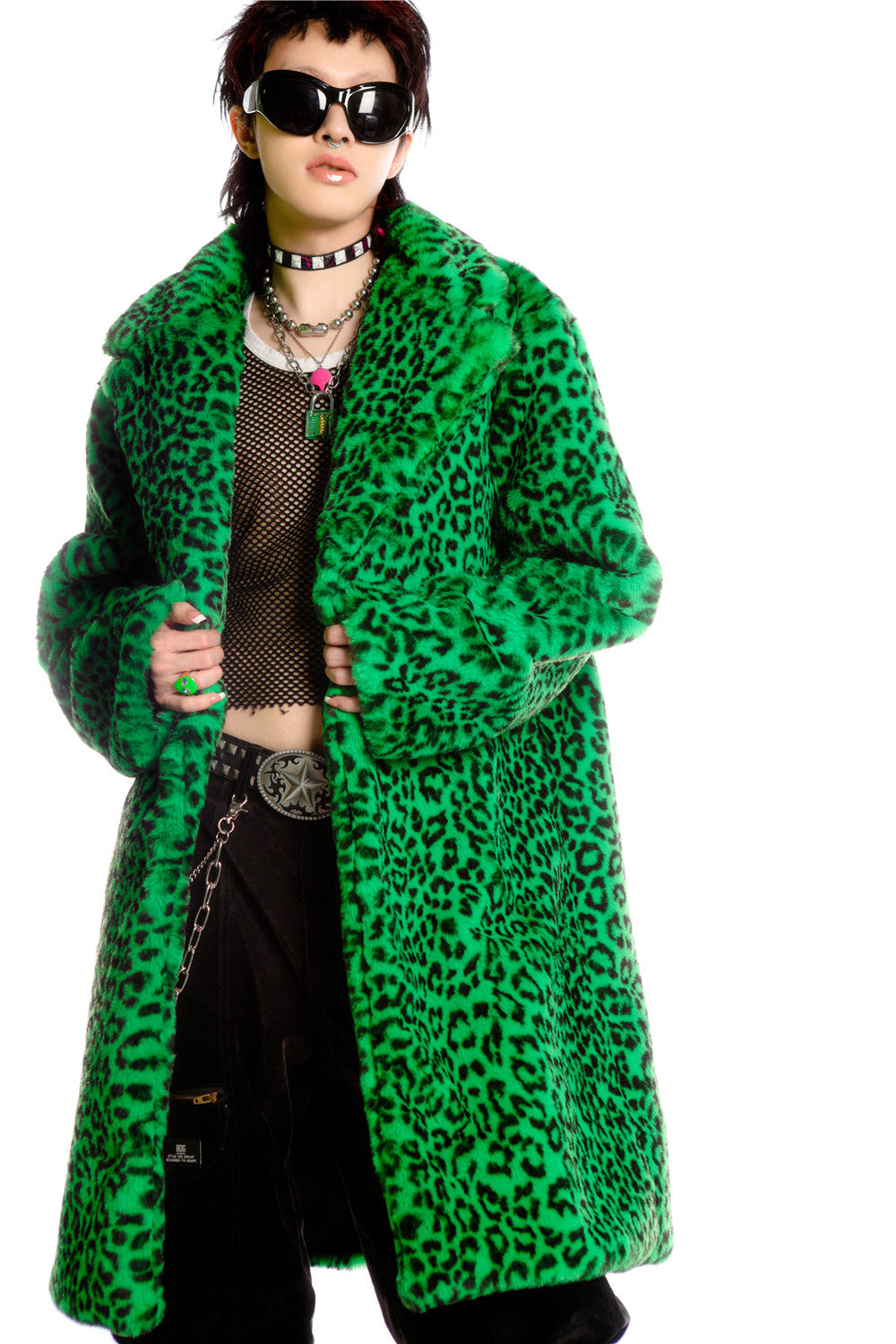 DEADENDKIDS LEOPARD RIOT long faux-fur coat & hat — close modeled view