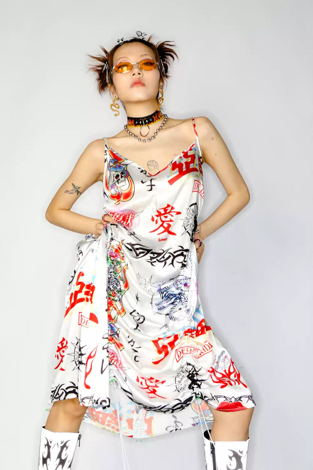 DEADENDKIDS ASIA RIOT satin slip maxi dress — alternate styled presentation