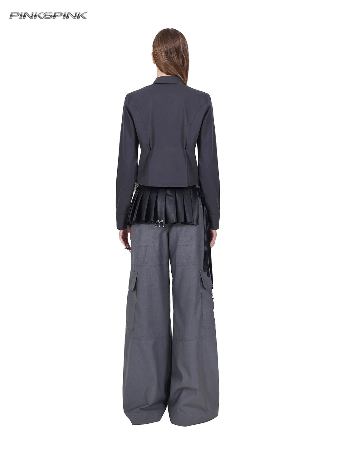 PINKSPINK ELECTRIC MOON sculpted cropped cotton shirt in gray — full-length back modeled view showing the cropped hem