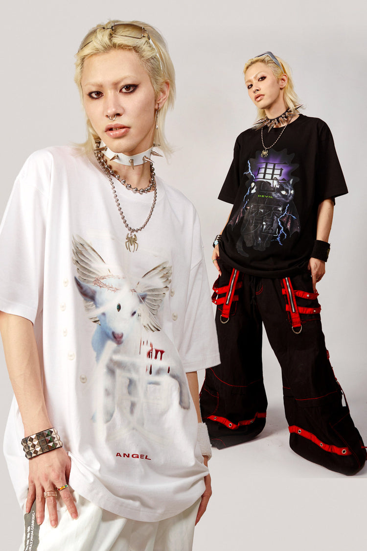 DEADENDKIDS ANGEL DEVIL oversized graphic tee — rear modeled view